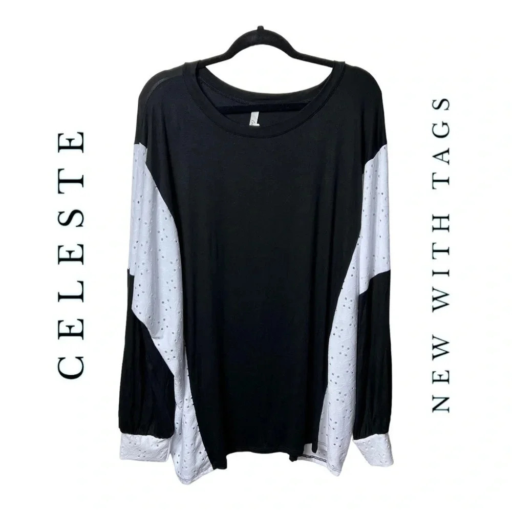 0452W. CELESTE EYELET LONG SLEEVE TOP BLACK/WHITE IN COLOR SIZE 1XL LIGHTWEIGHT